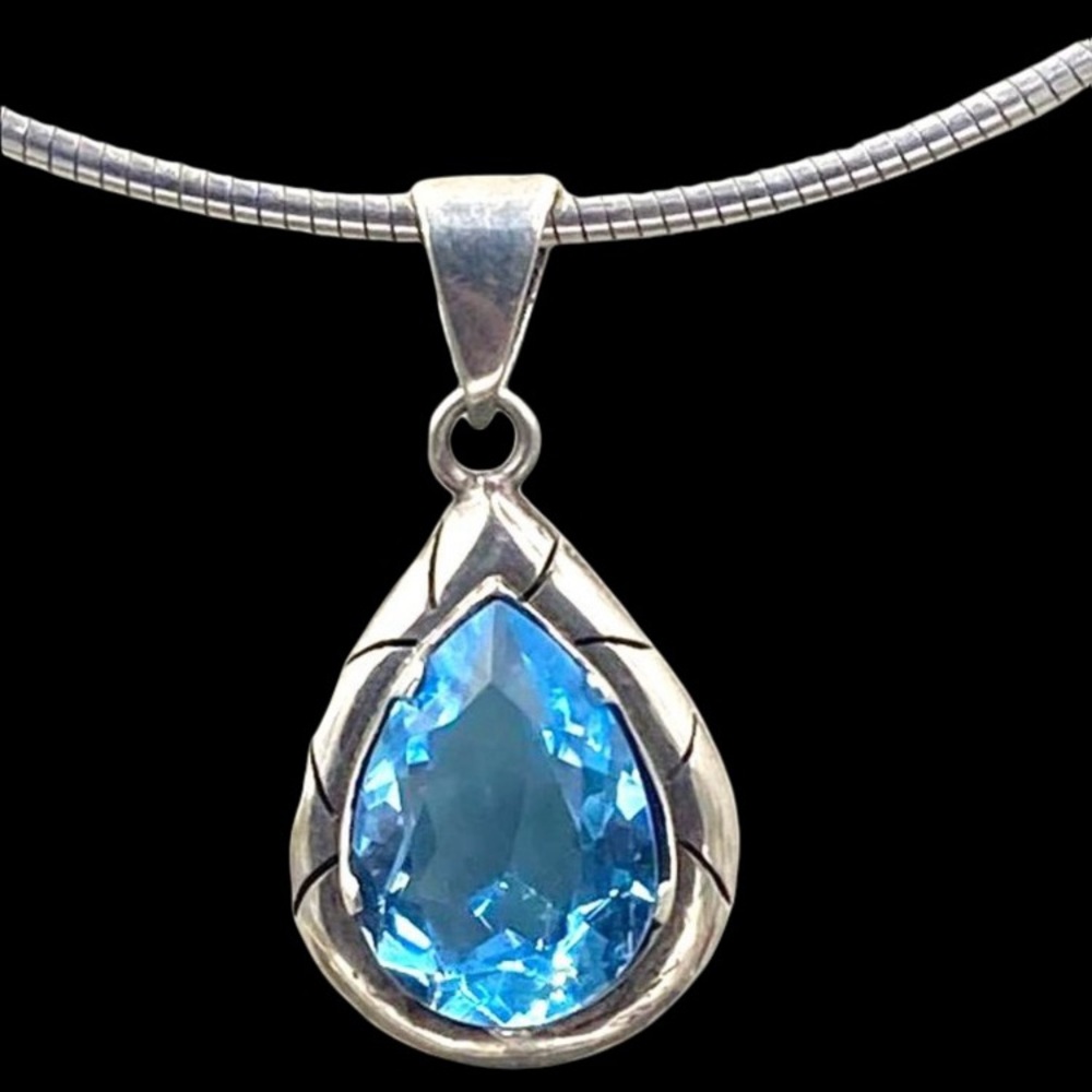 Mexico Sterling 14ct Genuine Blue Topaz pendant Necklace Round Omega Cha…